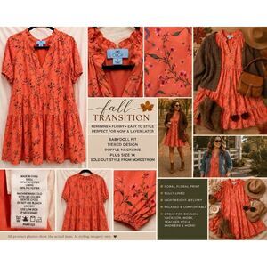 CeCe 1X Floral Tiered Babydoll Dress Coral Ruffle Plus Size Fall Boho HTF NWOT